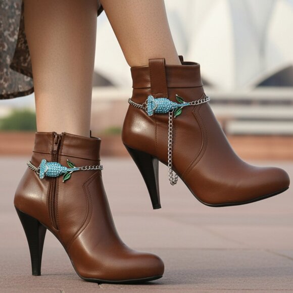 NEW Women Silver Metal Chain Boot Bracelet Shoe Anklet Sky Blue Flower Charm SET - Picture 12 of 17